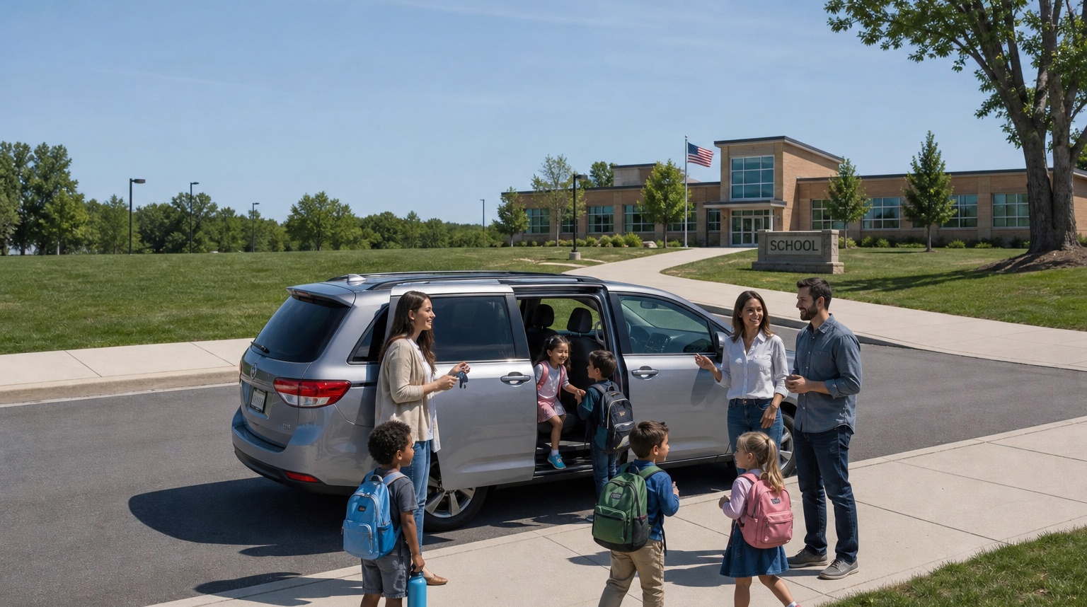 Parents and children sharing a school carpool by a minivan near school